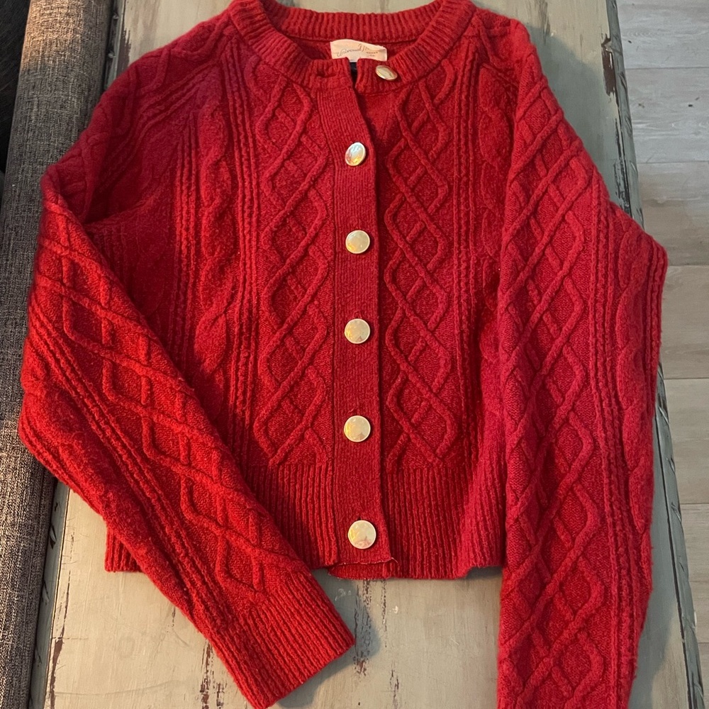 Universal Red Cable-Knit Cardigan with Gold Buttons